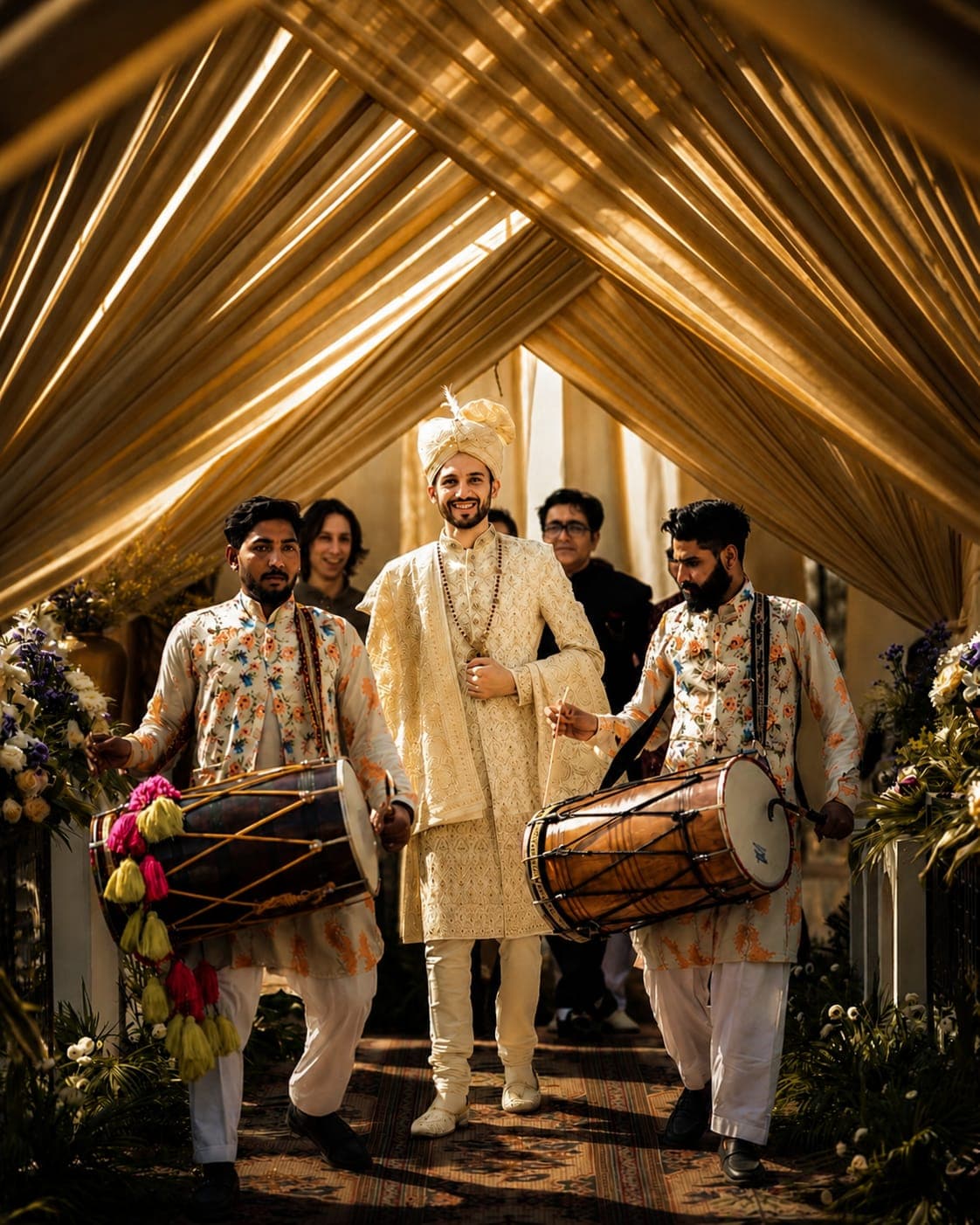Groom making a royal horse entry beneath illuminated Chhatris